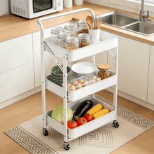 3 Tier Folding Rolling Cart, Folding Utility Cart with Lockable Wheels and Handle, Mobile Foldable Storage Cart Organizer for Kitchen, Bathroom, Office, Living Room