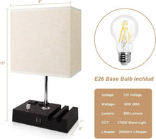 GPED Bedside Table Lamp for Bedroom with Dual Fast USB Charging Ports, Fully Dimmable Nightstand Lamps with 2 Phone Stands and 2 Charging Outlets, Desk lamp with Fabric Shade for Living Room
