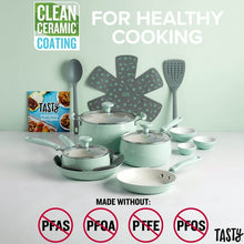 Tasty Clean Ceramic 16 Piece Non-Stick Aluminum Cookware Set, Sage Green