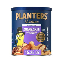 PLANTERS Deluxe Unsalted Mixed Nuts, Party Snacks, Plant Based Protein, 15.25 oz Steel Can