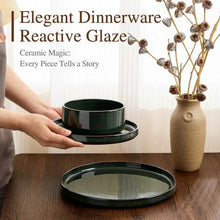 Vesteel 12-Piece Dinnerware Set, Ceramic Tableware Reactive Glaze Plates and Bowls Sets, Healthy Yixing Purple Clay Dishes Set, Dishwasher & Microwave Safe - Blackish Green