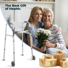 Naipo Compact Folding Walker with Trigger Release and Glide Skis for Seniors Elderly, 5 Inches Front Wheels Support Up to 350lbs, Silver