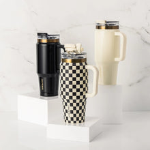 Thyme & Table 32 fl oz Stainless Steel Luna Tumbler with Handle and Dual Straw Lid, Cream & Black Check