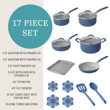 The Pioneer Woman Sutton 17-Piece Ceramic Cookware Set with Strainer Lids and Cookie Sheet with Rack, Blue