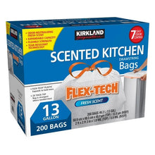 Kirkland Signature Scented Kitchen Drawstring Bags, 13 gallon size, 200 bags, in blue and white retail packaging with product features highlighted.