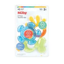 Nuby 3-Step Soothing Teether Set for Infants, Green/Blue/Yellow Unisex Baby Teethers, 3 Count