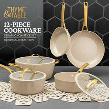 Thyme & Table 12-Piece Ceramic Non-Stick Signature Ribbed Cookware Set, Non-Toxic Pots and Pans Set - Taupe