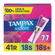 Tampones Tampax Radiant Feminine Care para mujer, Regular/Super/Super Plus, sin perfume, 77 unidades.