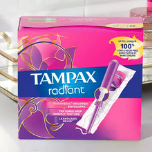 Tampones Tampax Radiant Feminine Care para mujer, Regular/Super/Super Plus, sin perfume, 77 unidades.