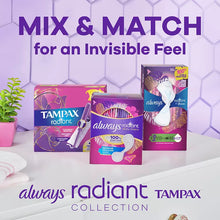 Tampones Tampax Radiant Feminine Care para mujer, Regular/Super/Super Plus, sin perfume, 77 unidades.
