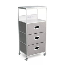 3-Drawer Rolling Cart with USB Power, Two Top Shelves, Built-in Charging Ports