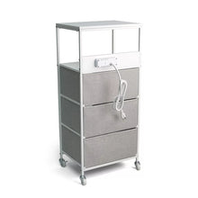 3-Drawer Rolling Cart with USB Power, Two Top Shelves, Built-in Charging Ports