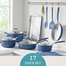 The Pioneer Woman Sutton 17-Piece Ceramic Cookware Set with Strainer Lids and Cookie Sheet with Rack, Blue