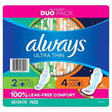 Always Ultra Thin Pads Duo Pack, Feminine Pads, Size 2 Long Super and 4 Overnight Absorbency, 74 ct.