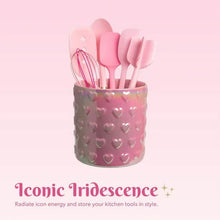 Paris Hilton Embossed Hearts Ceramic Utensil Crock, Fits Up To 18 Kitchen Gadgets, Multipurpose Holder, Decorative Vase, Pink Iridescent