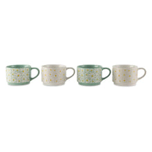 Thyme & Table 11.1 fl oz White and Green Floral Stoneware Stacking Mugs with Wire Rack, Set of 4