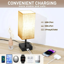 Walchoice Touch Control Table Lamp for Bedroom, 3-Way Dimmable Desk Lamp with USB A+C Charging Ports & 2-Prong AC Outlets, Nightstand Lamp with Rectangular Flaxen Shade