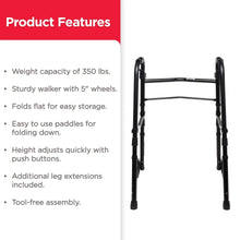 Equate Folding Walker with 5-Inch Wheels, Black – 350 lb Weight Capacity