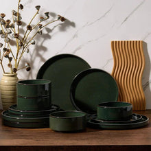 Vesteel 12-Piece Dinnerware Set, Ceramic Tableware Reactive Glaze Plates and Bowls Sets, Healthy Yixing Purple Clay Dishes Set, Dishwasher & Microwave Safe - Blackish Green