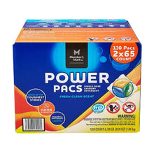 Member's Mark laundry detergent pacs box with 130 single dose pacs fresh clean scent