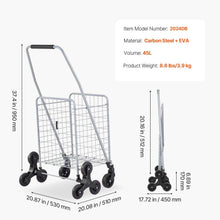 KFFKFF 45L Stair Climbing Grocery Cart with 360° Swivel Wheels, Foldable and Lightweight Utility Cart for Laundry, Travel, and Shopping, Silver