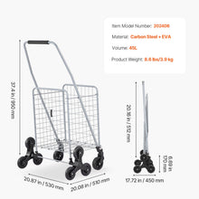 KFFKFF 45L Stair Climbing Grocery Cart with 360° Swivel Wheels, Foldable and Lightweight Utility Cart for Laundry, Travel, and Shopping, Silver