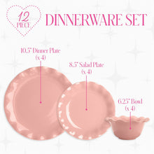 Paris Hilton Heiress Collection 12-Piece Stoneware Dinnerware Set, Plates & Bowls Dish Set, Service for 4, Microwave & Dishwasher Safe, Rose Pink with Scalloped Ruffle Rim