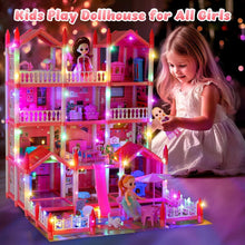JoyStone Play Dollhouse with Doll Toy Figures, 14 Rooms Furniture and Colorful Lights, Creative Doll House Gift for Girls Ages 3+, Assemble Required, Pink