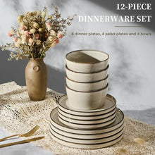 Vesteel Dinnerware Sets for 4, 12-Pieces Ceramic Plates and Bowls Sets, Handmade Reactive Glaze Dishes Set for Kitchen Dining, Dishwasher Safe, Khaki