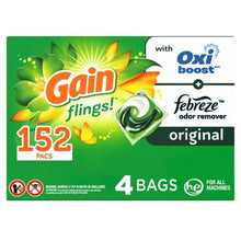 Gain Flings laundry detergent pacs original scent with Oxi boost and Febreze odor remover 152 pacs pack
