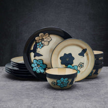Pfaltzgraff Painted Butterfly Blue 12 Piece Stoneware Dinnerware Set Tan
