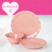 Paris Hilton Heiress Collection 12-Piece Stoneware Dinnerware Set, Plates & Bowls Dish Set, Service for 4, Microwave & Dishwasher Safe, Rose Pink with Scalloped Ruffle Rim
