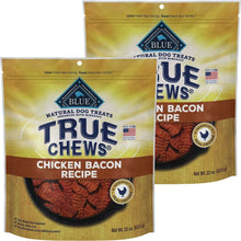 Two packages of Blue Buffalo True Chews Chicken Bacon Recipe dog treats on a white background.