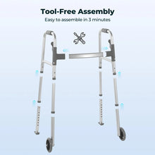 Naipo Compact Folding Walker with Trigger Release and Glide Skis for Seniors Elderly, 5 Inches Front Wheels Support Up to 350lbs, Silver