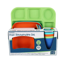 Your Zone 24-Piece Plastic Kids Dinnerware Set with 4 Trays, Bowls, Plates, Cups, Forks, Spoons in Orange, Blue, Aqua, Green