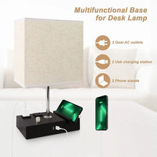 GPED Bedside Table Lamp for Bedroom with Dual Fast USB Charging Ports, Fully Dimmable Nightstand Lamps with 2 Phone Stands and 2 Charging Outlets, Desk lamp with Fabric Shade for Living Room