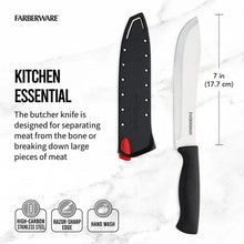 Farberware 7-inch Butcher Knife with Self-Sharpening Blade Cover, Sharp Kitchen Knife, Black
