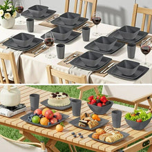 GPED 32 Pcs Wheat Straw Square Dinnerware Sets For 6, Unbreakable Dish Sets, Reusable Plates and Bowls Sets, Dinner Plates, Travel Camping Cutlery Set, Dishwasher Microwave Safe, Gray