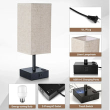 Walchoice Touch Control Table Lamp for Bedroom, 3-Way Dimmable Desk Lamp with USB A+C Charging Ports & 2-Prong AC Outlets, Nightstand Lamp with Rectangular Flaxen Shade