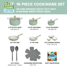 Tasty Clean Ceramic 16 Piece Non-Stick Aluminum Cookware Set, Sage Green