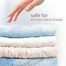 Hand above folded clothes with text safe for all colors fabrics and loads for Downy Ocean Mist scent booster beads