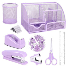 Aertyole Purple Mesh Desk Organizer and Accessories, Purple Office Supplies 7 Compartments Desk Organizer with Stapler, Tape Dispenser, 1000 Staples, Pen Holder, Staple Remover, Clips, Ruler, Scissor