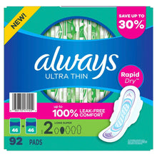 Always Ultra Thin Long Super Pads with Wings, Size 2, 92 ct.