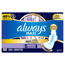 Always Maxi Overnight Pads with Wings for Women, Size 5, Extra Heavy Overnight Absorbency, Unscented, 52 Count