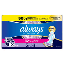 Always Ultra Thin Pads with Wings, Size 5, Extra Heavy Overnight Absorbency, 60 Count (PACK OF 3 )
