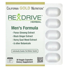 California Gold Nutrition, Rexdrive™ Men's Herbal Performance Formula with Panax Ginseng, Black Ginger, and Horny Goat Weed Extracts plus Botanical Blends, 30 Veggie Capsules