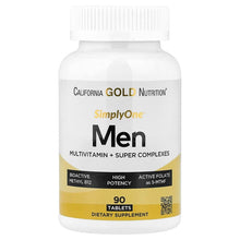 A white plastic bottle of California Gold Nutrition SimplyOne Men Multivitamin + Super Complexes dietary supplement, containing 90 tablets, shown against a plain white background.
