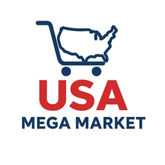 Logo of USA Mega Market with a shopping cart outline shaped like the United States on a white background.
