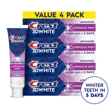 Crest Toothpaste, 3DWhite Advanced, Luminous Mint, 3.7 oz, Pack of 4