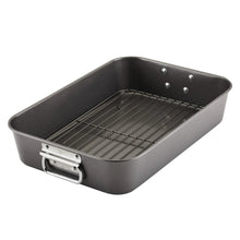 Farberware Bakeware Roasting Pan with Removable Flat Rack - 10.5x15 Inches, Dishwasher Safe, Oven-Safe to 450°F, Non-Stick Finish, Gray
